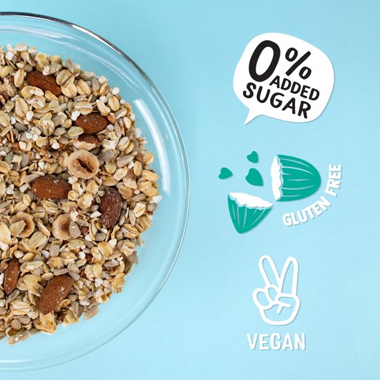 Een glazen kom gevuld met Holie's glutenvrije granola met boekweit, noten, amandelen en zonnebloempitten. Ernaast iconen voor "0% toegevoegde suiker", glutenvrij en vegan.