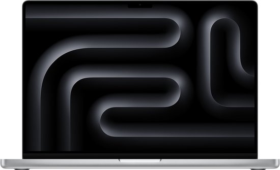 Een open zilverkleurige MacBook Pro met een donker, abstract behang op het scherm.