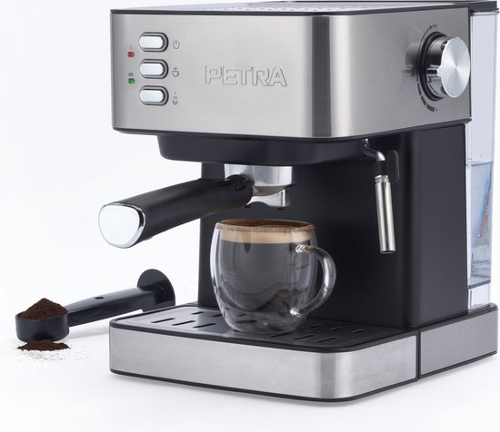 Petra Handmatige Espressomachine Met Melkopschuimer – Geschikt Voor Gemalen Koffie, 15-Bar Italiaanse Drukpomp, 1.6L Afneembare Watertank, Inclusief Maatlepel & Portafilter, 850W