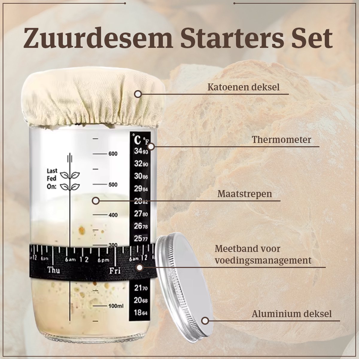 Kit Levain LUOJINYI - Pot Verre 730 Ml - Accessoires Pain Maison - Thermomètre Inclus