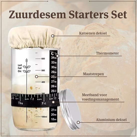 Zuurdesem Starter Kit, 34 oz Zuurdesem Starter Potje, 2 Brood Proofing Manden, Thermometer, Voeding Time Tracker, Metalen Schraper, Gemakkelijk Te Reinigen, Complete Zuurdesem Brood Bakbenodigdheden