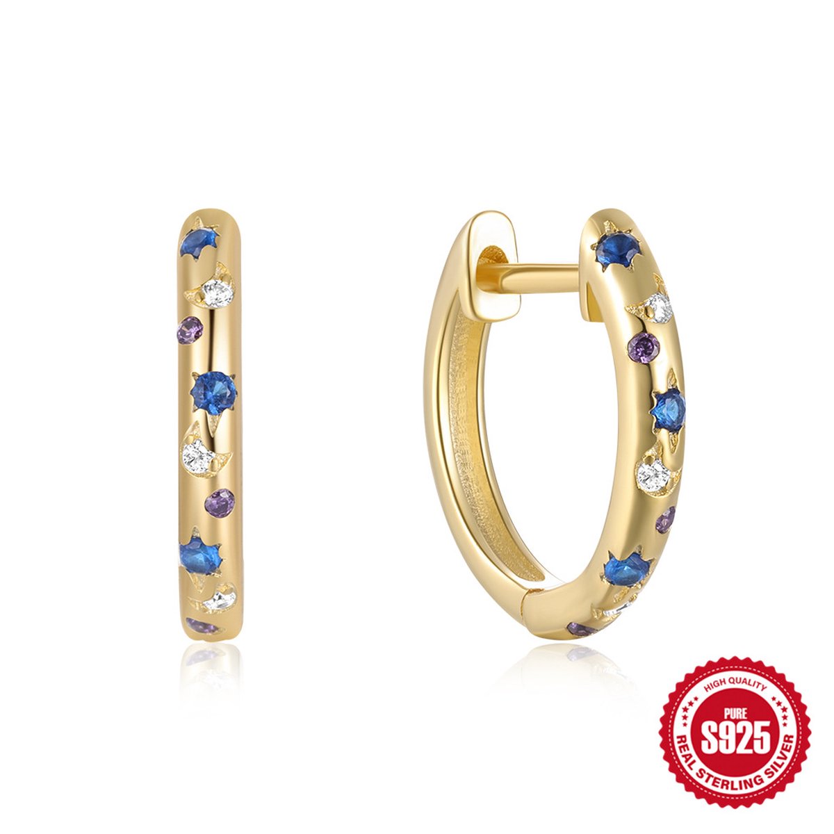 Helin life Oorringen 925 zilver - Oorbellen Dames Goudkleurig met Zirkonia Diamantjes -Sterren maanpatroon- Oorbellen Dames Goudkleurig -Geschenkdoos en wenskaart- CadeauVrouw/Vriendin/Moeder