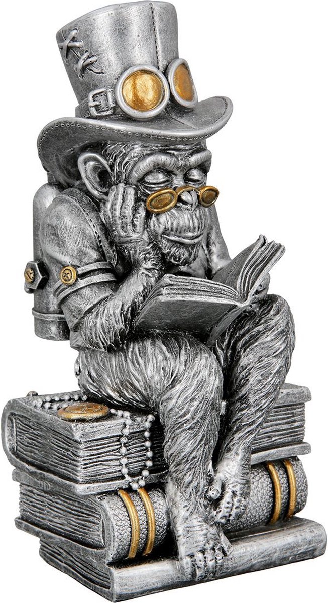 Aap - Beeld - 13x11x23cm. - Steam punk - "Steampunk reading ape"- industrieel - Polyresin - Grijs - Sciencefiction.