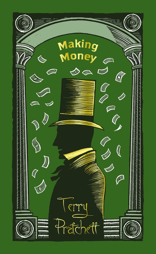 Boekomslag 'Making Money' van Terry Pratchett met een man in hoge hoed en vallend geld.