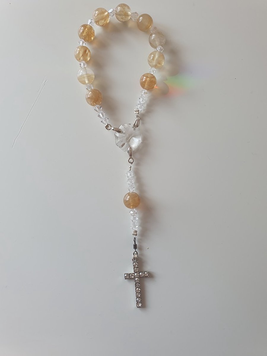 Rozenkrans - Tientje - Paternoster, gemaakt met Citrien halfedelsteen kralen en o.a. kristallen van Swarovski, met zilverkleurig kruisje (gebedssnoer, eerste communie, geloof, Hanger, kruisteken, meditatie, mediteren, gebed, spiritueel)