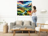 Acryl landschap schilderij | Kleurrijke acrylschildering van een betoverend landschap in levendige tinten | Kunst - 20x20 centimeter op Dibond | Foto op Dibond