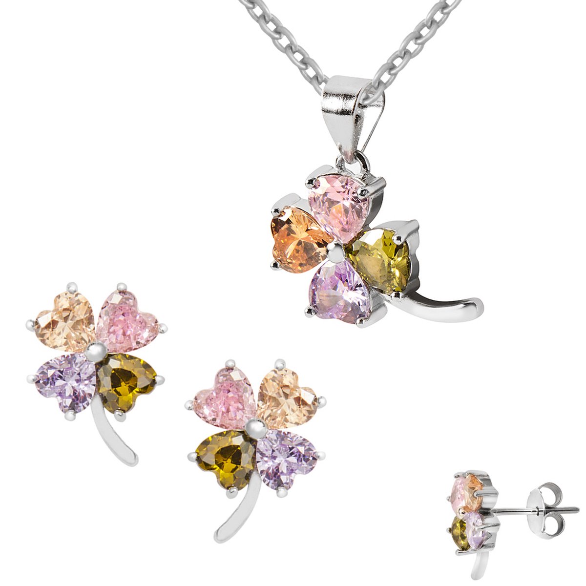 Hetty'S - Schitterende set - Collier+hanger+ oorstekers - Zirconia's - 925 zilver - Klavertje 4