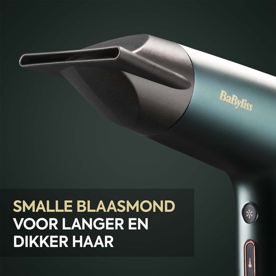 BaByliss föhn met smalle blaasmond, in donkergroen met gouden logo. Tekst: "SMALLE BLAASMOND VOOR LANGER EN DIKKER HAAR".