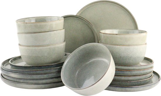 Service de vaisselle OTIX - Service d'assiettes - 6 personnes - Assiettes à petit-déjeuner 18 pièces - Assiettes plates - Bols à soupe - HÊTRE