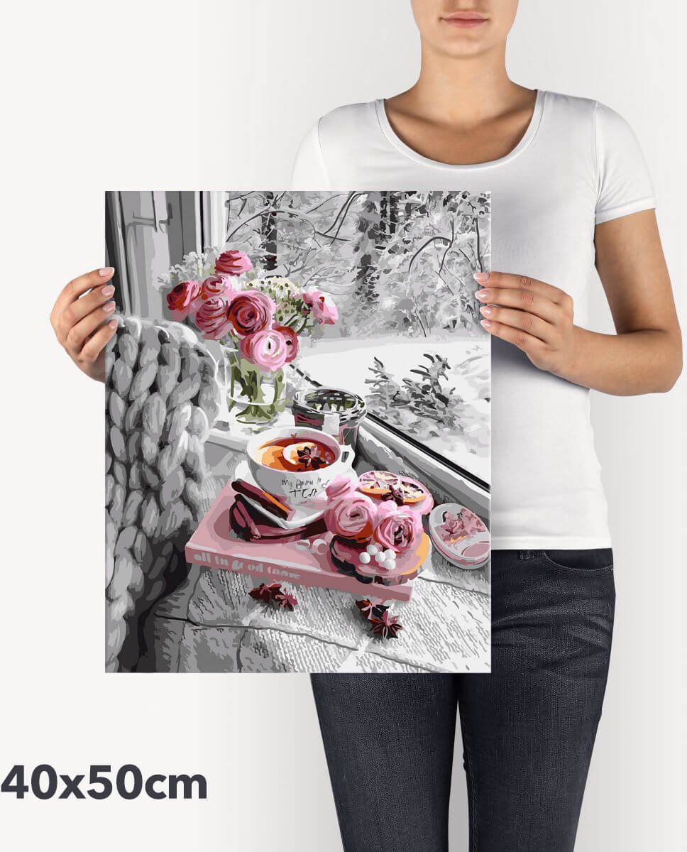 Schilderen Op Nummer Volwassenen DIY Paint By Number Compleet Hobby Pakket op Frame met Vernis - ®Arty Bee - Winter Thee 40x50cm — afbeelding 4