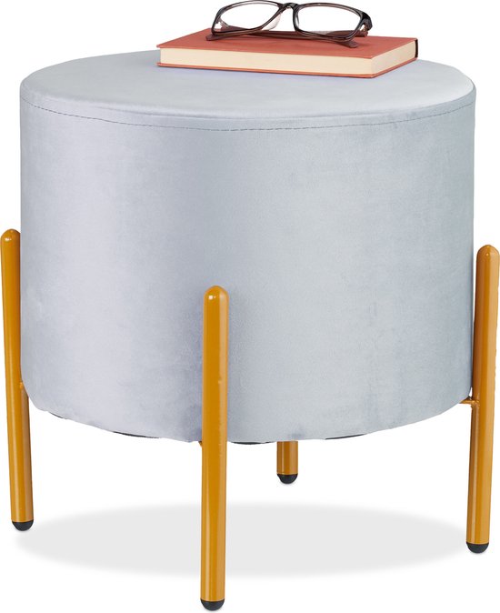 velvet poef - metalen pootjes - 39 x 37 cm - tot 100 kg - grijs-goud