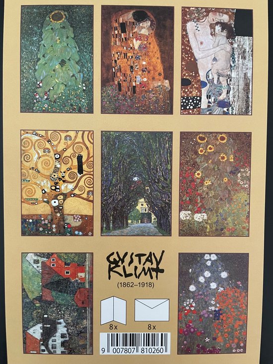 Een set van negen kaarten met werken van Gustav Klimt, waaronder 'De Kus' en 'De Boom des Levens'.
