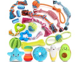 DOWO® - Honden speelgoed Set - 20-Delig - Puppy's t/m Middelgrote Honden - Hondenspeelgoed - Speelgoed Hond - Hondenspeeltjes - Intelligentie - Touw - Flostouw - Bijtring - Bal