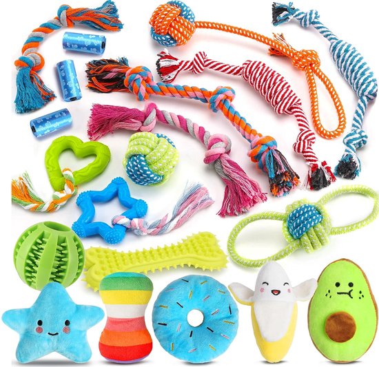 DOWO® - Honden speelgoed Set - 20 stuks - Puppy's t/m Middelgrote Honden - Hondenspeelgoed - Speelgoed Hond - Hondenspeeltjes - Intelligentie - Touw - Flostouw - Bijtring - Bal