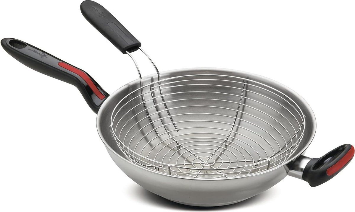 Linea Rossa inductiewok met frituurmand, RVS, rood, zwart, 28 cm