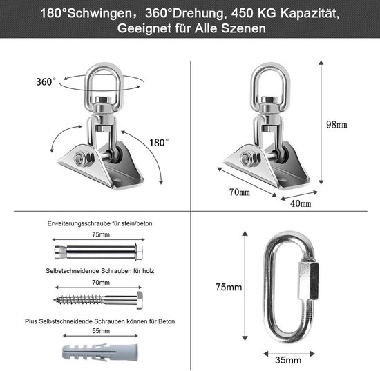 Newaner Zware Plafondhaak – 450 Kg Draagkracht – 304 Roestvrij Staal – 360° Draaibaar – Incl. Schroeven En Pluggen – Voor Hangstoel, Schommel, Bokszak, Hangmat