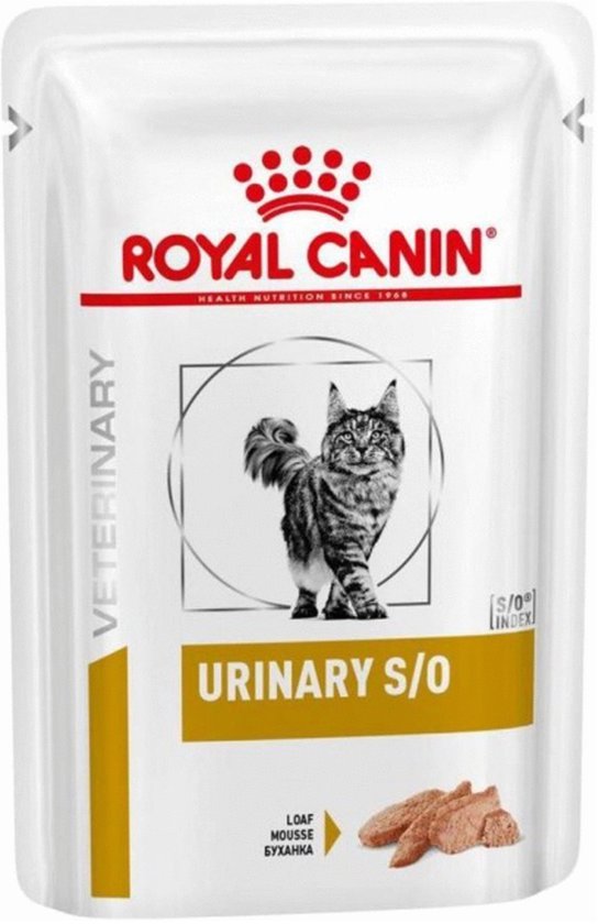 Verpakking van Royal Canin Veterinary Urinary S/O Loaf kattenvoer met een afbeelding van een cyperse kat.