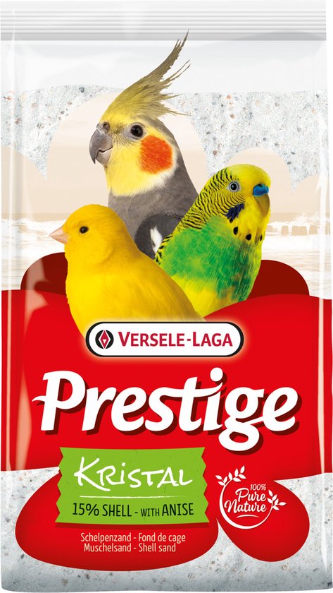 Emballage Prestige Kristal sable de coquillage avec 15% de coquille, avec une calopsitte, un canari et une perruche.