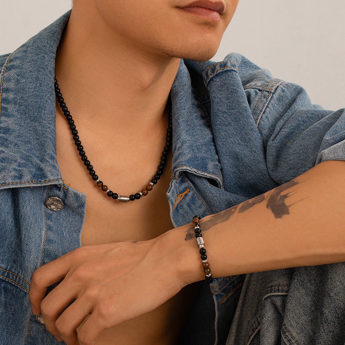 Helin life Kettingen&armband set- ketting heren - Schakelketting&armband heren-Kralen kettingen set -Cadeau voor Man -Roestvrij staal&zwarte tijgersteen-Handgeweven- 59cm&22.5cm-Geschenkdoos en wenskaart-Mannen Cadeautjes