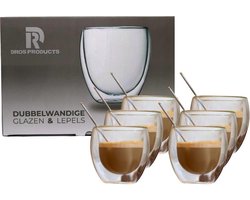 *DROS Dubbelwandige glazen 250ml - Koffie / Cappuccino / Thee - Set van 6 stuks - Roestvrijstaal lepels - Vaatwasserbestendig - Hittebestendig - Warmhoud glazen