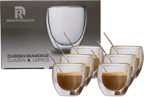 Ensemble de six verres à double paroi avec cuillères, à côté d'une boîte indiquant 'DROS PRODUCTS VERRES & CUILLÈRES À DOUBLE PAROI'.