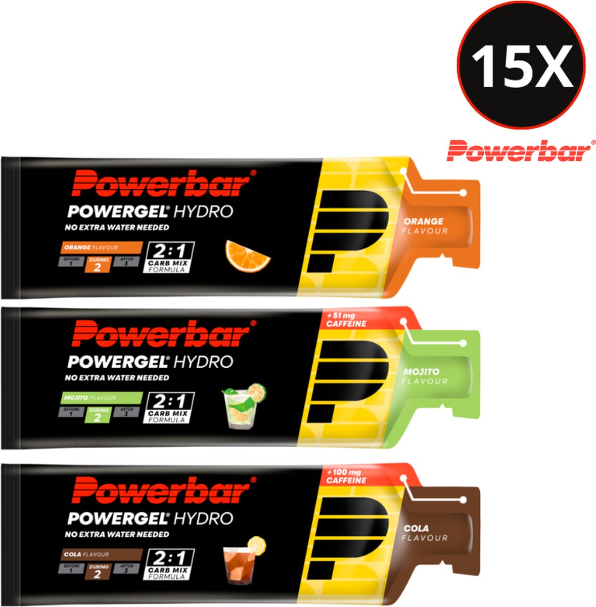 Goedkoopste Powerbar HydroGels - Try Out Mix Deal - 15 x 67ml – EnergieGel – 5x Orange 5x Mojito 5x Cola