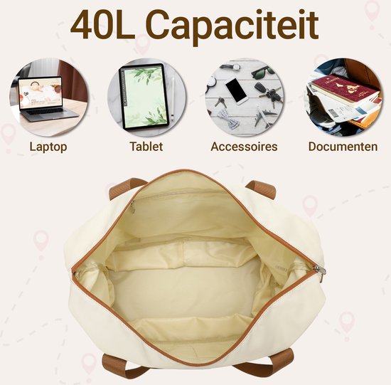 Sac de voyage Kono - Extensible jusqu'à 40 L - Avec pochette Smart pour valise - Imperméable et durable - Beige Marron