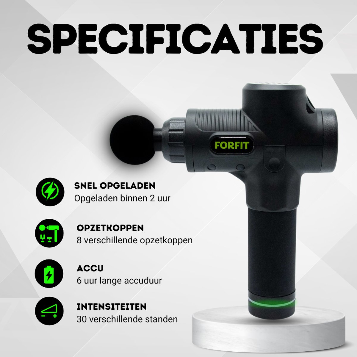 Afbeelding 2 van SALE - FORFIT Massage Gun Hot & Cold - Black – 30 Standen en 8 Opzetstukken – Draadloos en stil – Professioneel Massage apparaat- Massage Pistool - Warmte en Koude Therapie
