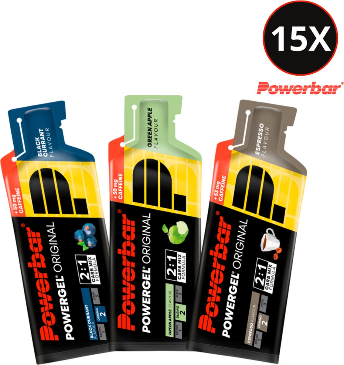 Goedkoopste Powerbar Energiegels | Powergel Original| Mixpakket met cafeïne – 5x Black Currant 5x Espresso 5x Green Apple