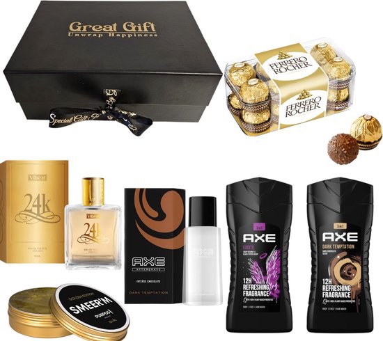 Foto: Greatgift luxe cadeaupakket gold edition voor hem axe verzorging haarwax 24k gold parfum ferrero rocher in luxe magneetbox