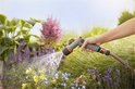 Hand sproeit bloemen in een tuin met een Gardena spuitpistool.