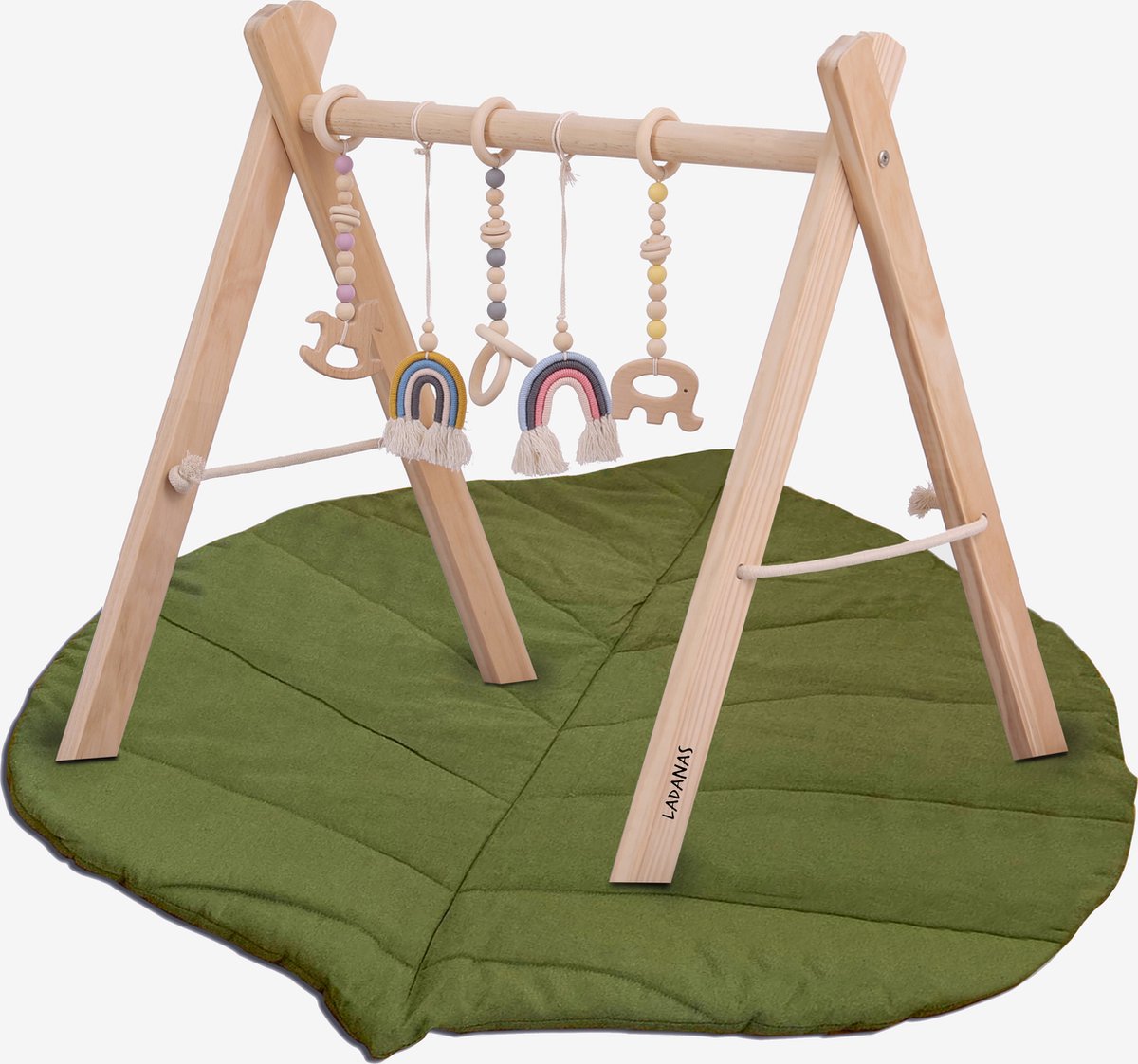 babygym hout incl. 5 speeltjes + dubbelzijdige speelmat – houten Speelboog Baby – Stevige constructie & inklapbaar — afbeelding 7