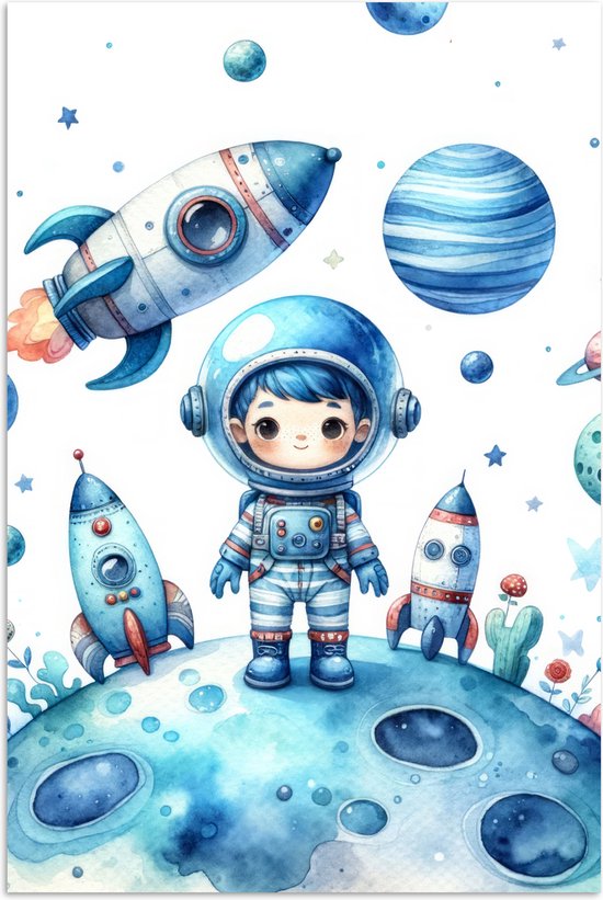 Poster 40x60 cm - Ruimte - Blauw - Astronaut - Raket - Planeten - Posters - Kamer decoratie accessoires - Wanddecoratie kinderkamer - Muurdecoratie babykamer