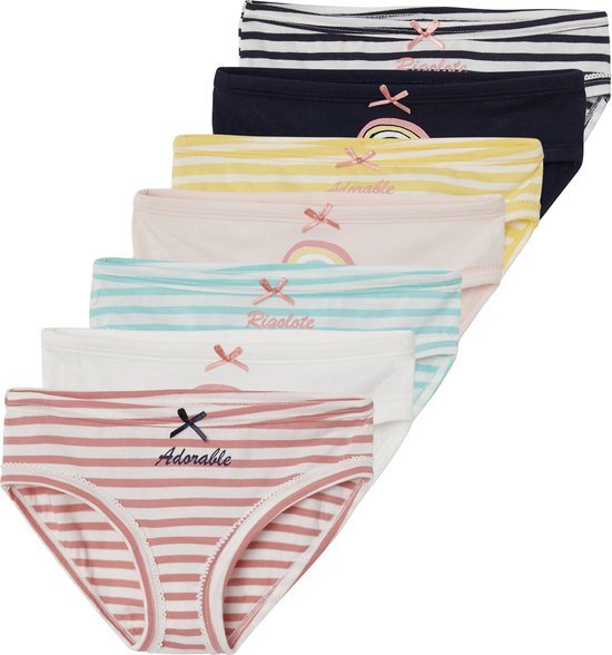 Set van 7 slips in verschillende kleuren en prints: streepjes, regenboog, 'Adorable' en 'Rigolote'.