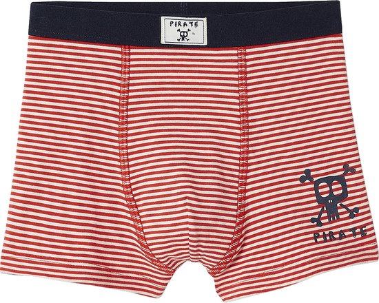 Rood-wit gestreepte boxers met een donkerblauwe band en een doodskop met anker.
