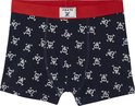 Donkerblauwe boxers met rode band en een patroon van doodskoppen met gekruiste botten.