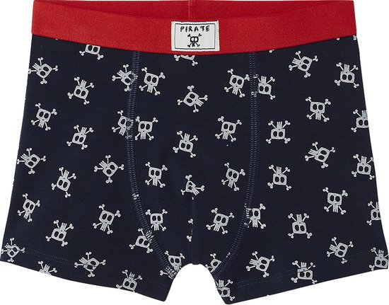 Donkerblauwe boxers met rode band en een patroon van doodskoppen met gekruiste botten.