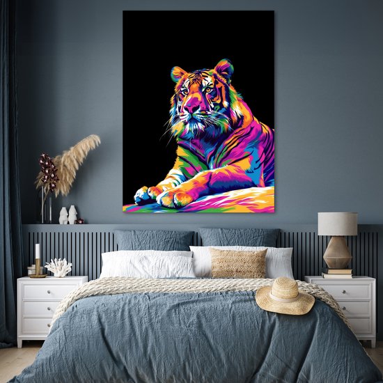 PosterMonkey Posters - Tijger kleurrijk neon - Zwarte achtergrond
