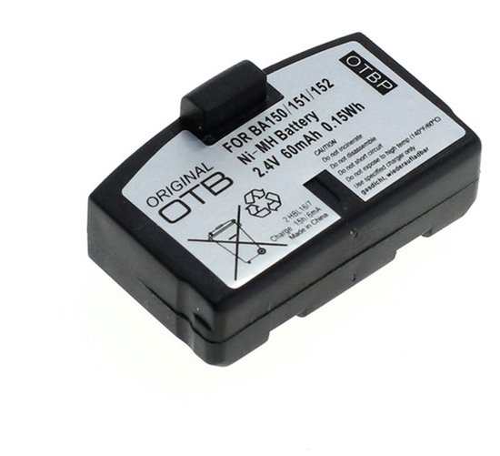 Zwarte OTB Ni-MH batterij 2.4V 60mAh voor Sennheiser BA150/151/152 met sticker met waarschuwingen.