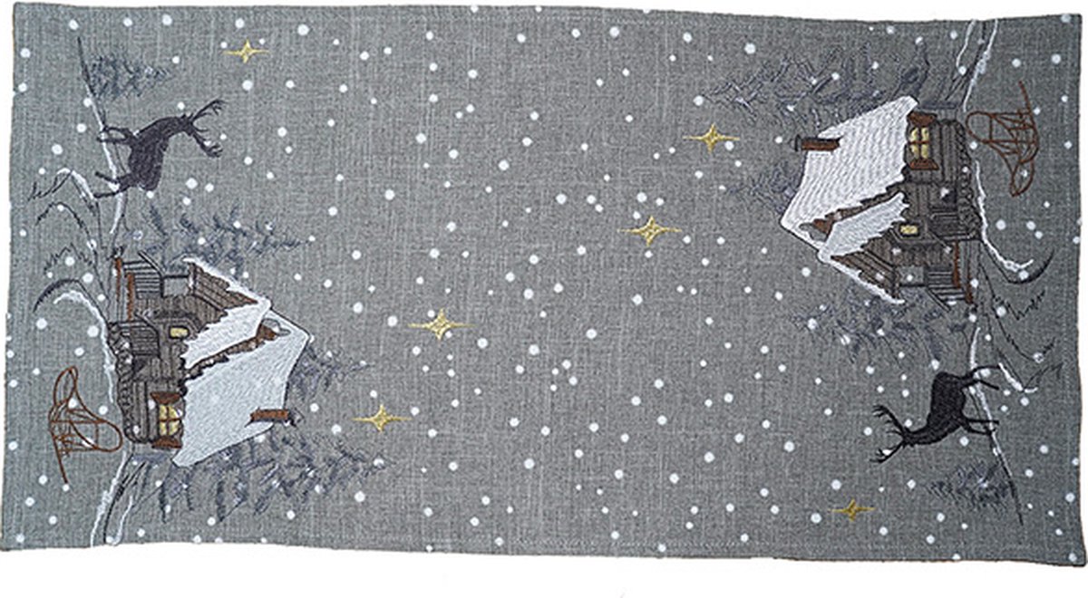 Tafelloper - Kerst - Grijs - Wintertafereel met sneeuwvlokken - Loper 35 x 70 cm