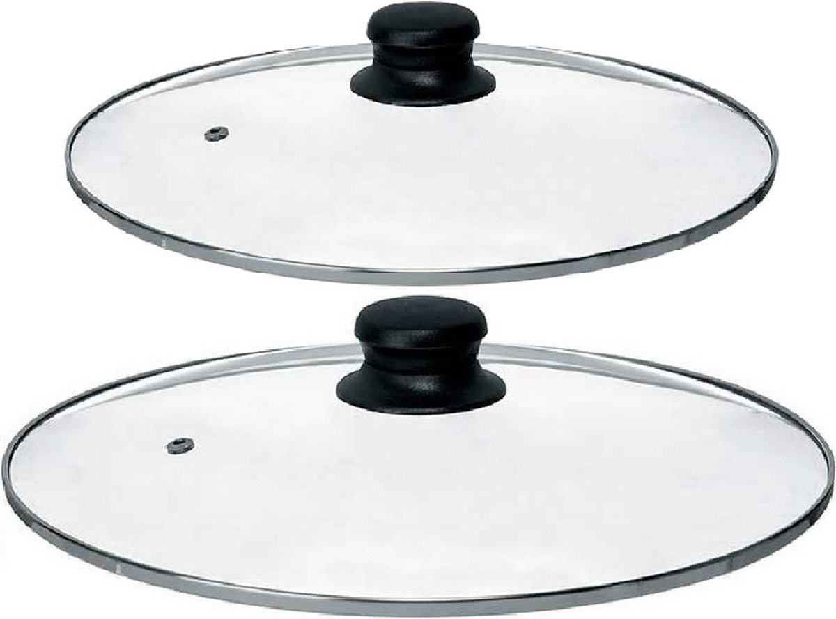 Kinvara Universele pannendeksel set - 2x stuks - Dia 30/28 cm - glas - stoomgaatje - voor diverse soorten pannen