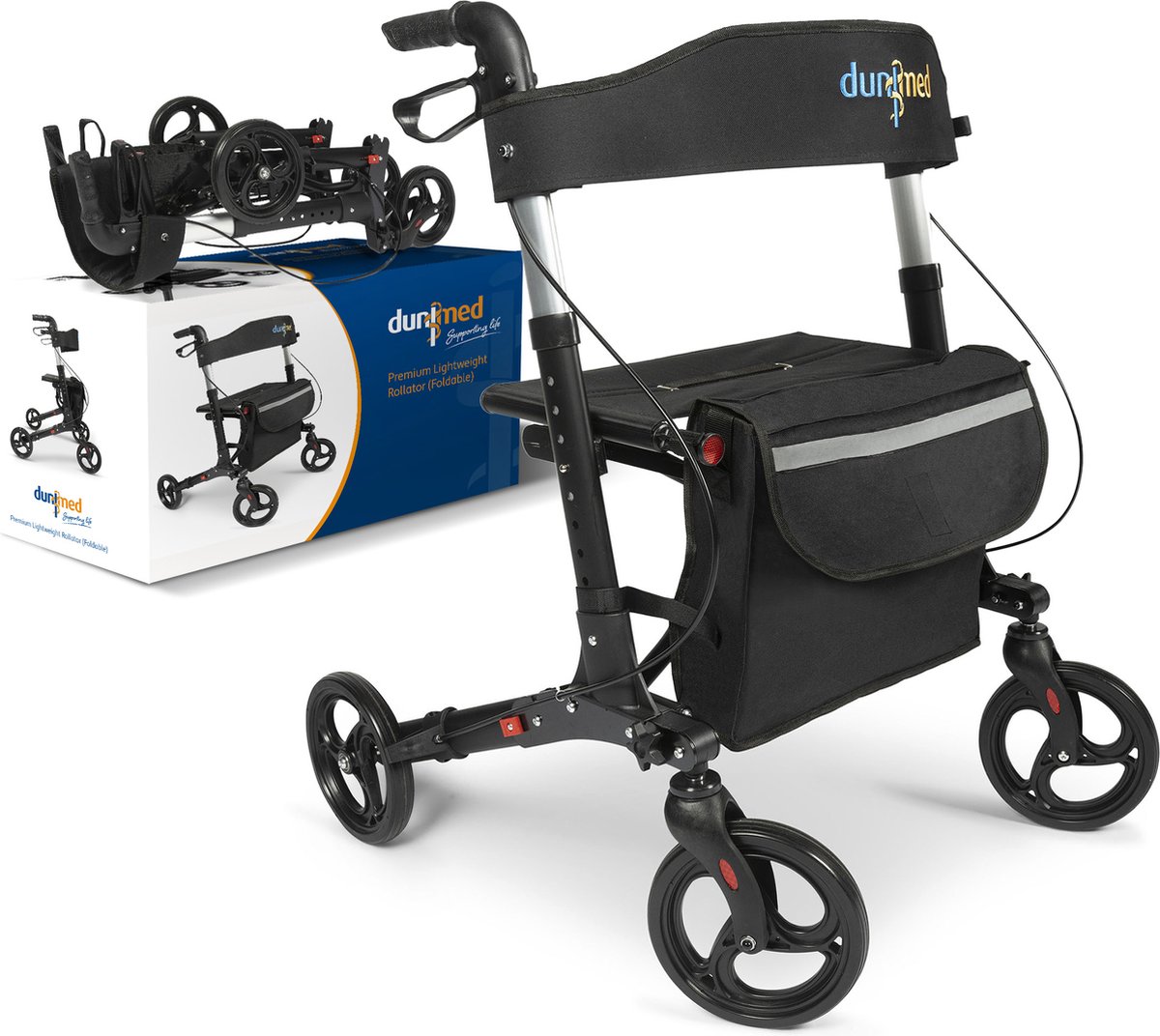 Goedkoopste Dunimed Premium Lichtgewicht Rollator met Stokhouder en Tas - Opvouwbare Rollator voor Binnen & Buiten - Dubbel inklapbaar - Met Parkeerrem en comfortabele Rugleuning - Zwart