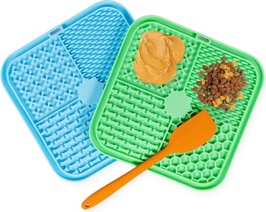 Frummel Likmat Hond - Hondenlikmat - Honden Speelgoed Slowfeeder Voermat Hond - Blauw en Groen met spatels - Twee stuks - 2x