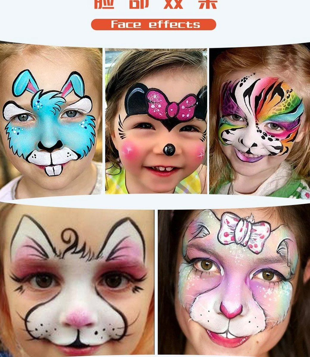 Haley familySchmink op Waterbasis met Penselen- Veilig Schminkset Kinderen - 42 Kleuren - Inclusief 10 Penselen, 6 Sjablonen& 2 diamantstickers&Glitters-Gemakkelijk schoon te maken-Face paint palette-Kinderschmink voor grimas — afbeelding 5