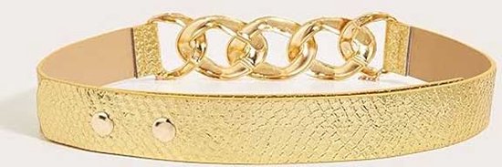 Gouden riem met schakels, krokodillenprint en drukknoopsluiting.