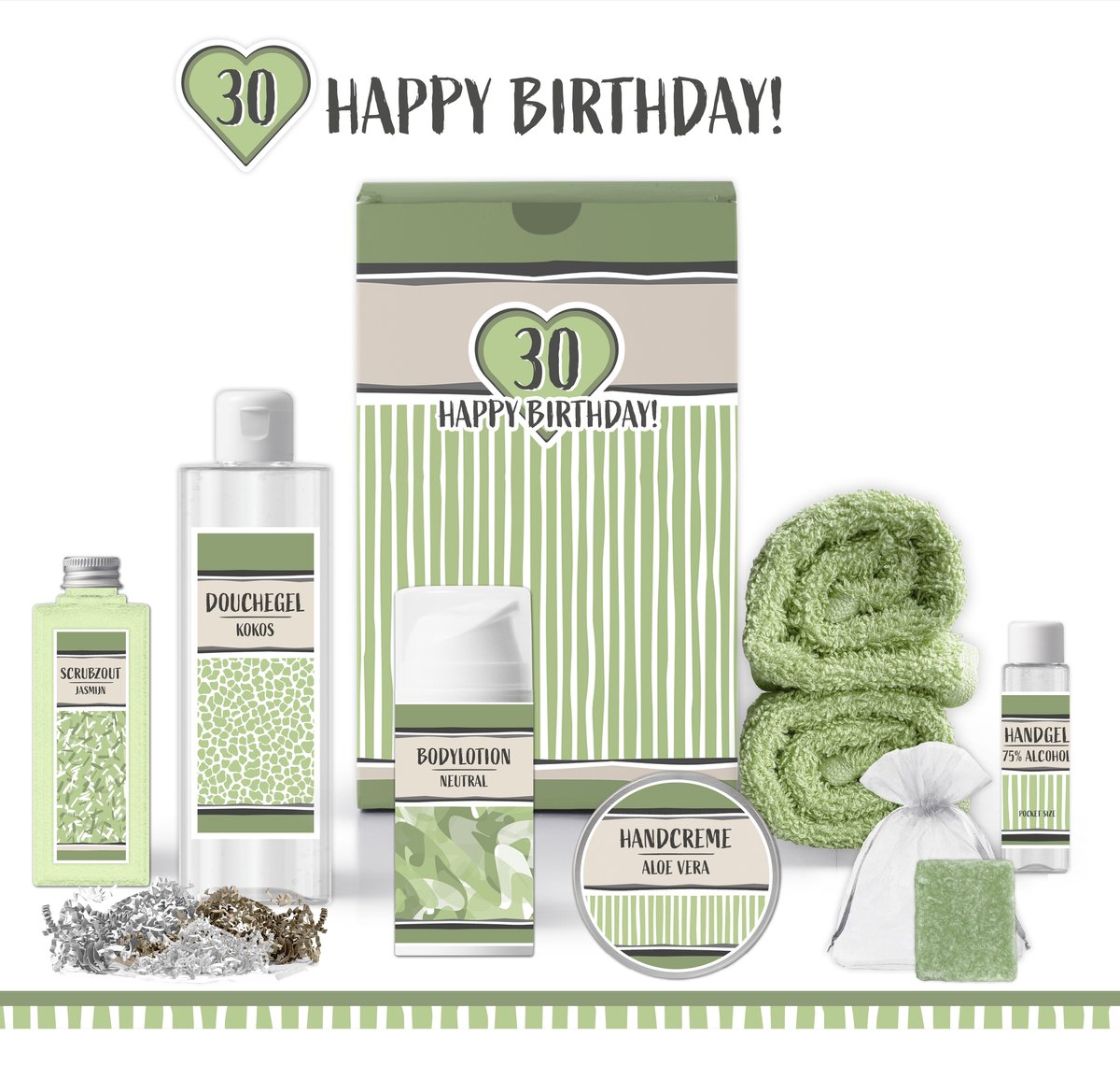 Goedkoopste Geschenkset “30 Jaar Happy Birthday!” - 8 producten - 770 gram | Giftset voor haar - Luxe wellness cadeaubox - Verwen Cadeau vrouw - Gefeliciteerd Jarige - Pakket Verjaardag - Geschenk Dertig jaar - Cadeaupakket - Verjaardagscadeau - Gift Set Groen