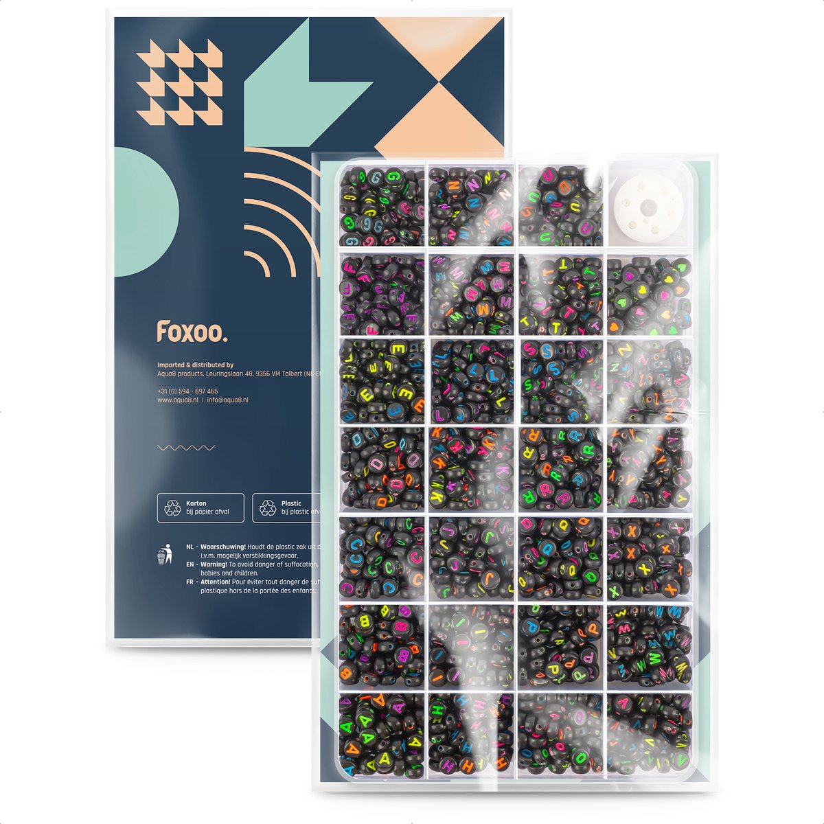 Letterkralen voor Sieraden maken - Alfabet kralen voor ketting/armband/telefoonkoord etc. - Acryl – Zwart met gekleurde letter - 7 mm - 1400 stuks gesorteerd — afbeelding 6