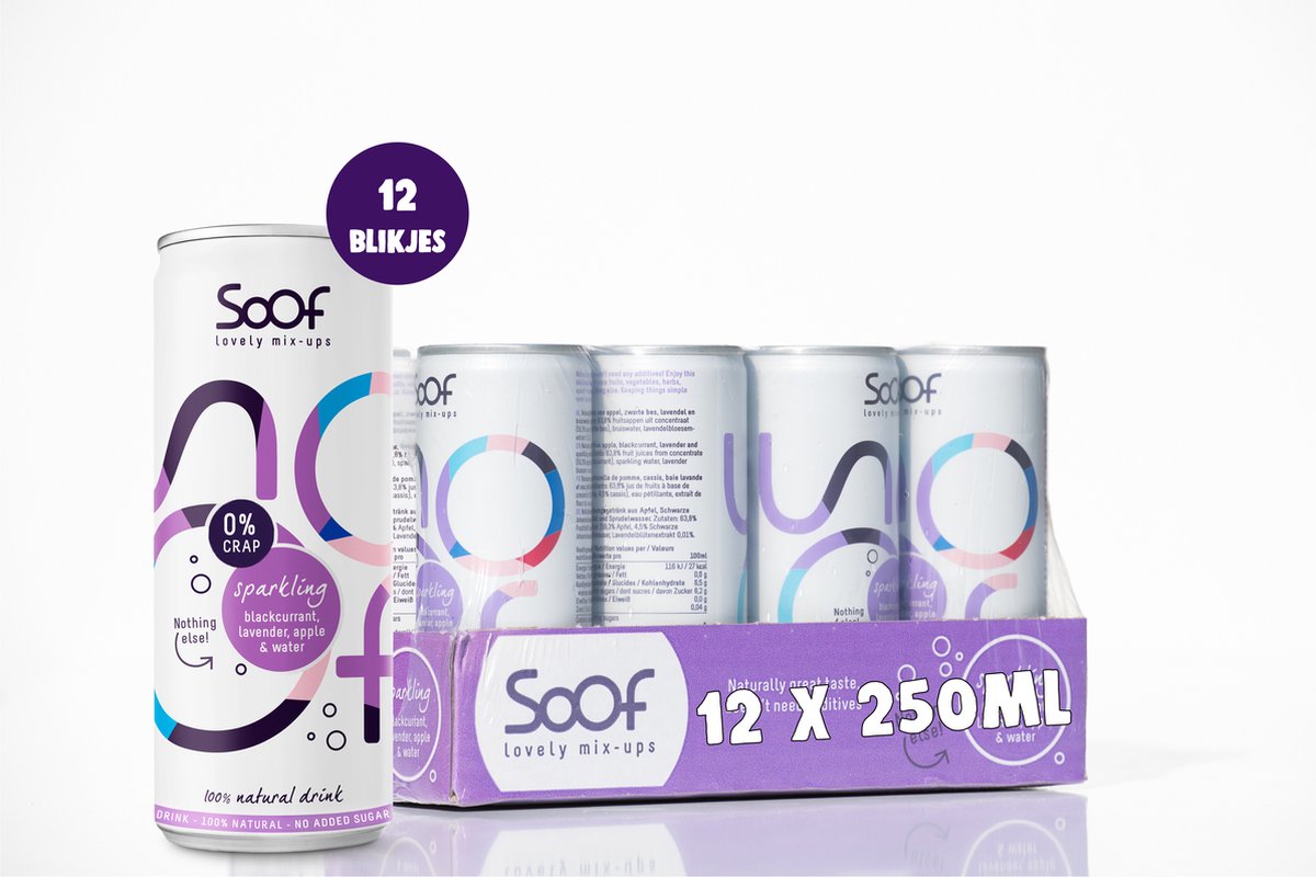 Soof Drinks - Frisdrank 0% Zooi - Sparkling - Zwarte bes, Lavendel & Appel - blikjes 12 x 250ml