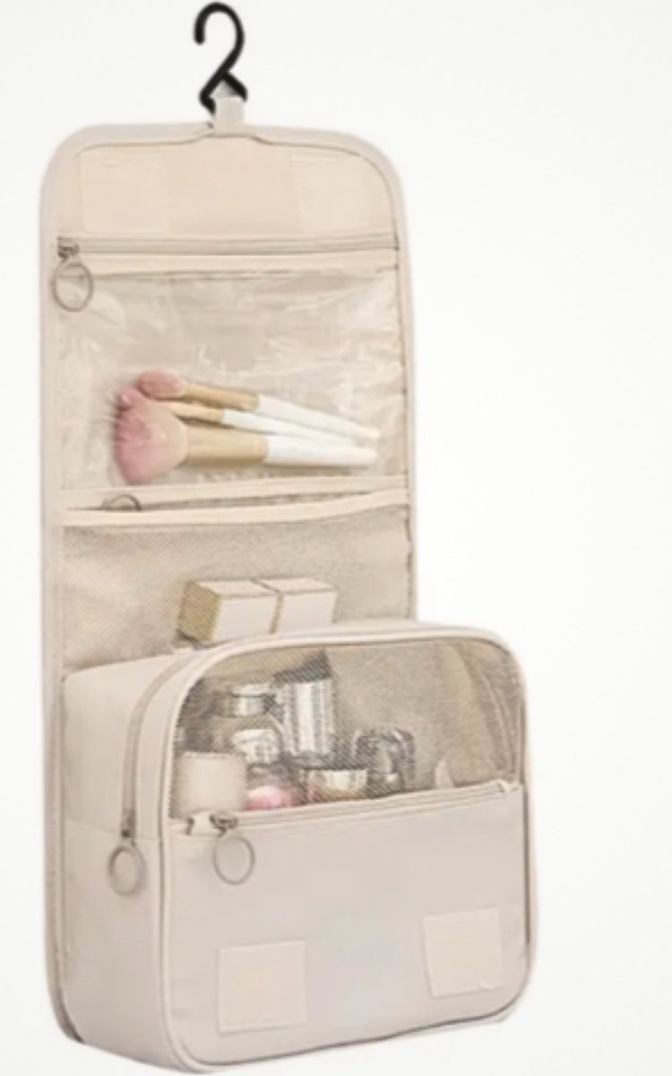 Toilettas met haak - Reis Toilettas - Travel Etui Organizer - Toilet en Make Up Bag - Toiletartikelen Kamperen & Reizen Accessoires - Beige op Prijzenvolger.com