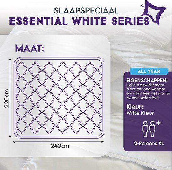 Slaapspeciaal All year dekbed enkel - Essential White Series | 240x220 - Dekbed Geschikt Voor Alle Seizoenen - Zomerdekbed & Winterdekbed - Anti Allergie - Hoogwaardige Ultra Soft - Hotelkwaliteit - Tweepersoons Dekbed - Lits Jumeaux
